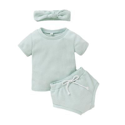 China Breathble Baby Kids Comfy Bodysuits Belted Short Sleeve Baby Rib Sets Baby Clothing Sets for sale