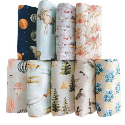 China Comfy Cloth Bamboo Towel Gauze Cotton Wrap Newborn Shower Gift with Printed Pattern Bamboo Cotton Baby Wrapping Blanket for sale