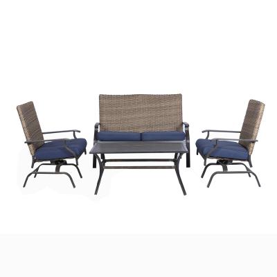 China Wholesale Weather Furniture Factory Outdoor Garden Furniture 4pc PE Rattan Chat Set Patio Furniture Rocking Chair Metal Slat Coffee Table for sale