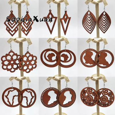 China Retro SophiaXuan Hawaiian Cavity Wooden Geometric Stud Earrings Hawaiian Personalized Female Earrings Wholesale for sale