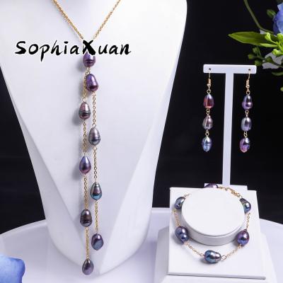 China New Wholesale Hawaiian Freshwater Dangling Samoan Pearl Jewelry Set Hawaiian Black Polynesian Jewelry Drop Accessories From SophiaXuan for sale