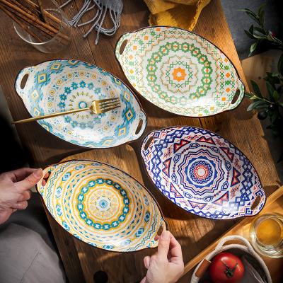 China 2021 High Quality Oval Bohemian Cermic Print Flower Dish Dinner Style Vintage Dish Decal 11 Inch Porcelain Stocked Ceramic Dinnerware for sale