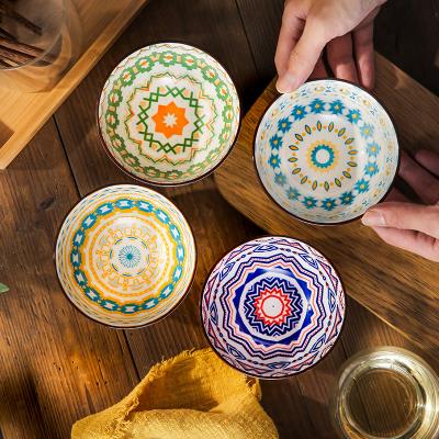 China Creative 4.5 inch small household ceramic rice cereal ceremic beauty stocked porcelain bowls set pattern Bohemian style for sale