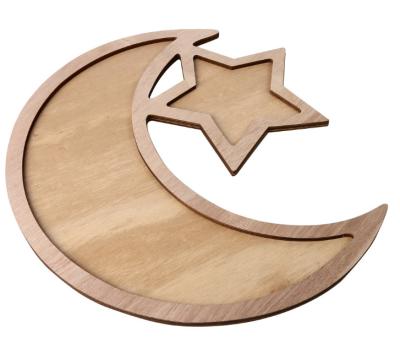 China Wooden Eid Mubarak Craft Shape Eid Mubarak Food Serving Tray Moon Storage Food Trays for sale