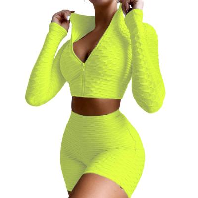 China Fashion Custom Sleeve Zipper QUICK DRY Long Fits Crop Top Spandex Sexy High Waist Shorts Women Gym Tracksuit Biker Shorts Set 2 Pieces for sale