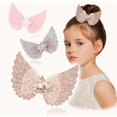 China Fashionable Cute Fairy Girl Hair Accessories Kids Angel Princess Glitter Bow Hair Clip Wing Clip Hair for sale