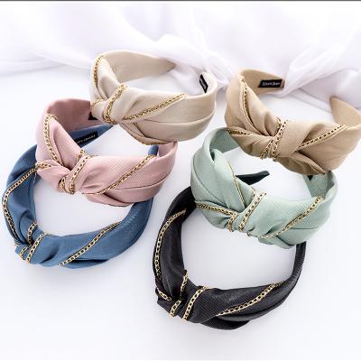 China New and Wide Knot Single Fabric Fashion Headband Simple Solid Color with Chain Braided Headband for Women 2021 for sale