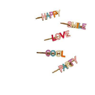 China Beautiful new design candy color metal hair clip LOVE happy happy cool with rainbow stick hair clips word custom hair clips for sale