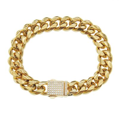 China Hiphop Hip Hop Jewelry Stainless Steel Outlet Iced Out CZ Miami 18K Gold Cuban Bracelet For Men for sale