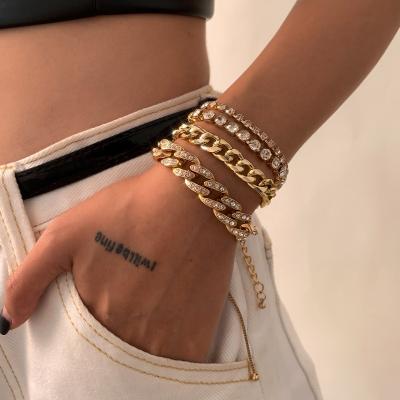 China CLASSIC Wholesale 4 Pcs Set Hip Hop 18K Gold Plated Iced Out Jewelry Outlet Sets Women Stainless Steel Cuban Link Bracelet for sale