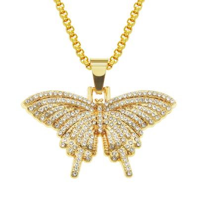 China Hiphop 18K Gold Chain Necklace Charm Hip Hop Jewelry Full Diamond Crystal Butterfly Pendant Necklace for sale