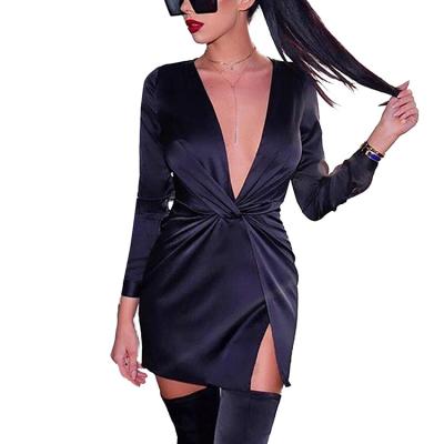 China Breathable New Style LE191010082 2019 V Neck Pleats Long Sleeves Split Autumn Beach Women Dresses for sale