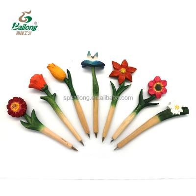 China All Natural Factory Price Gift Rose Pen Handmade Carved Painted Wooden Flower for sale