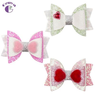 China Trendy Genya 3inch Magritte Bow Cut Glitter Valentine Heart Hairpins Clips For Kids Hair Accessories for sale