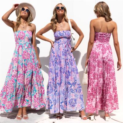 China European and American women's dress anti-static sexy backless lace-up summer 2023 floral print strapless dress for sale