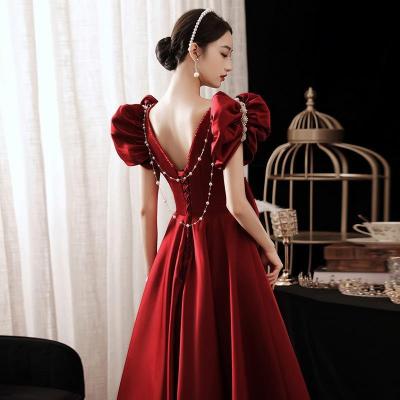 China Anti-Static Women Fashion Satin Floral Red Wedding Dress Elegant Bride Evening Party Dress Ball Gown for sale