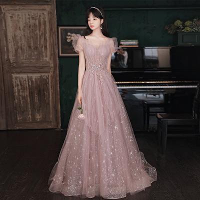 China New Style Women's Anti-Wrinkle Puff Sleeves Elegant Slim Dress Party Dress Deep Back Round Neck Evening Dress Maxi for sale