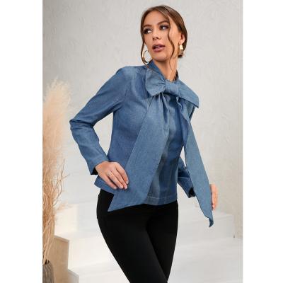 China 2022 New Bow Shirts Autumn And Winter Long Sleeve Denim Europe Long And Tops American Amazon Amazon Women's Short Sleeve Anti-Shrink Blouse for sale