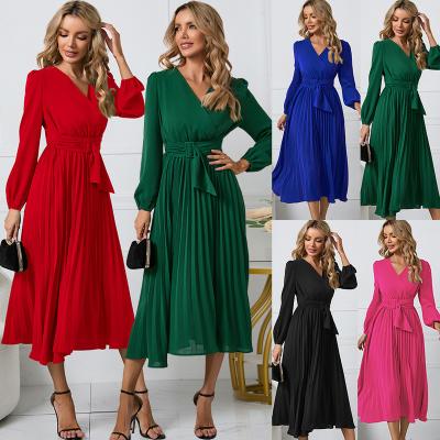 China 2022 anti-static European and Amazon American women's new long sleeve slim pleated belt dresses casual dress V-neckline a-line for sale