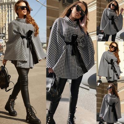 China Anti-wrinkle autumn and winter women's new European and American houndstooth woolen coat loose tie cap coat tops for sale