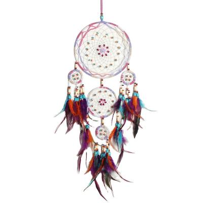 China India Wholesale Indian Dreamcatcher Feather Bedroom Wedding Home Hanging Decor Round Handmade Crafts Five Ring Christmas Dreamcatcher for sale