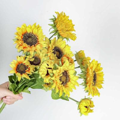 China ELR01 Wholesale Artificial Flower Hotel Wedding Decoration Home Flocking Branches 3 Heads Sunflowers Artificial Flowers for sale