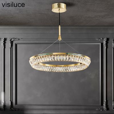 China Modern Decorative Hotel Crystal Chandelier Luxury Indoor Led Living Room 2021 New Design Modern K9 Crystal Steel Round Pendant Lamp for sale