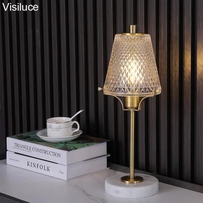 China 2021 New Design Modern Decorative Lamp Shade Table Light Brass Color Marble Base Antique Glass Bedroom Bedside Table Lamps for sale