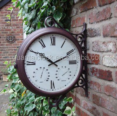 China Double Style Antique Outdoor Side Effect Metal Station Copper Antique Wall Clock with Thermometer and Humidity for sale