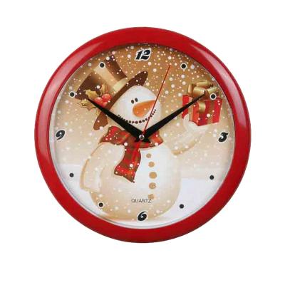 China Cute Cartoon Winter Snowman Christmas Red Color Wall Clock Small Size Plastic Kids Clock For Room Decoration for sale