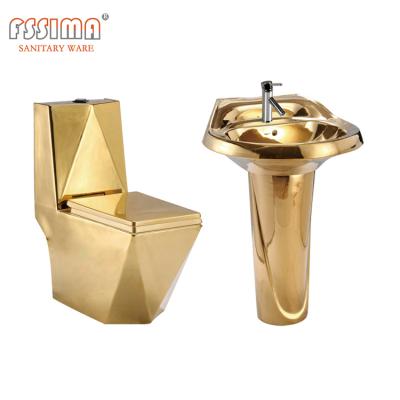 China Luxury Western Ceramic Bathroom Basin Toilet Gold Color Toilet Trap Automatic Operation Bathroom Golden Toilet Set for sale