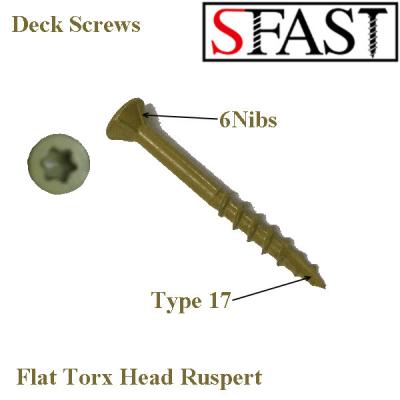 China Flat Deck Screws (Wooden Screws) CSK Trox Head With 6Nibs And Type 17 Ruspert Earthy Yellow Color 500 / 1000 Hour for sale