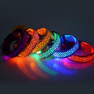 China Custom Nylon Led Fluorescent Collars Night Safety Dog Collar Supply Leopard LED Light Pet Leash Manufacturer for sale