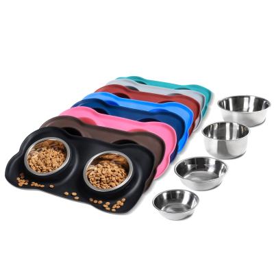 China Quality Assurance Sustainable Double Wheels Dog Stainless Steel Dog Bowl No Puddle Non-Slip Silicone Mat Pet Food Container for sale