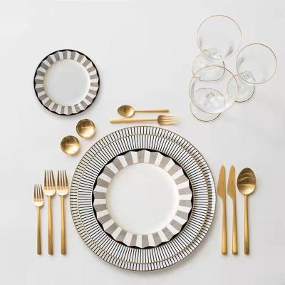 China Sustainable Luxury Style Bone China Dinnerware White Wedding Feast Ceramic Gold Rim Dinnerware Dishes Dinner Plates Set for sale