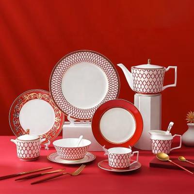 China Hot sale 9 inch8 inch6 inch dinner plate kitchenware set viable chinese red dinner plate ceramic dinnerware set for sale