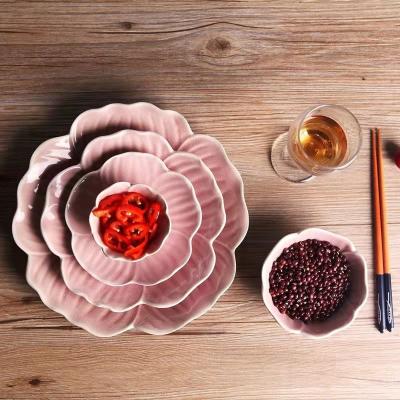 China Viable Cracked Flower Shape Ice Cream Japanese Sushi Gloss Ceramic Restaurant Dish Sets With Dish for sale