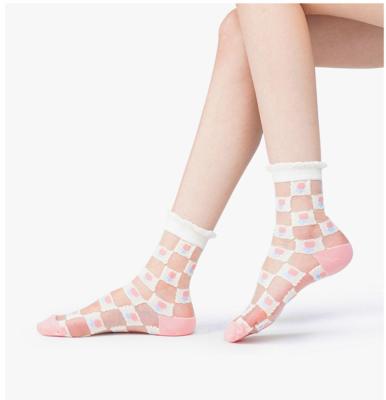 China Kids Sport Glass Summer Hosiery Ins Thin Pink Tube Hosiery Japanese Flowers Cool Shoes Hosiery Transparent Crystal Socks for sale