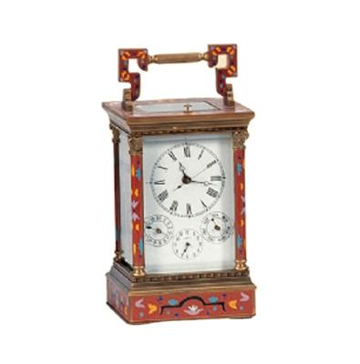 China LUMINOVA 18th French Antique Floral Red Cloisonne 8 Day Repeater Alarm Calendar Porcelain Carriage Brass Case Travel Clock for sale