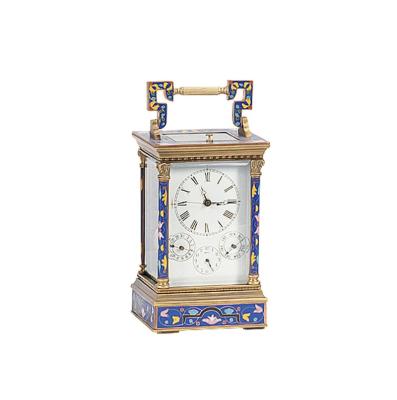 China LUMINOVA French Antique Floral Blue Cloisonne 18th Cloisonne 8 Day Repeater Alarm Calendar Porcelain Trolley Brass Case Chiming Travel Clock for sale