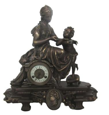 China Class Antique Brass Trim Mom And Son By The Shelf Vintage Mechanical Table Clock / Watch On Marble Base for sale