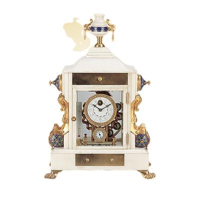 China LUMINOVA Imitated Vintage French Antique Brass White Marble Lion's Style Gravity Falling Mechanical 18th Ball Desk Clock Fruit for sale