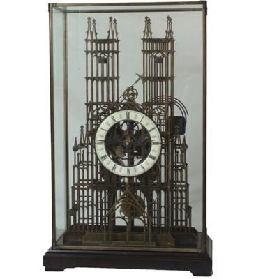 China Calendars imitated from the French antique 18th gilt polished brass church style mechanical skeleton desk clock / watch for sale