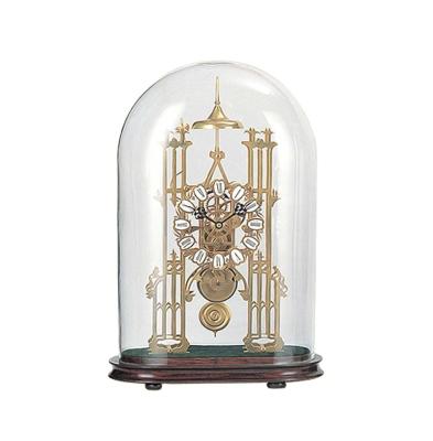 China From 1856 Contemporary Vintage Antique Imitated French Oval Polished Brass Fusee Skeleton Clock With Glass Cover And Wooden Base Alarm for sale