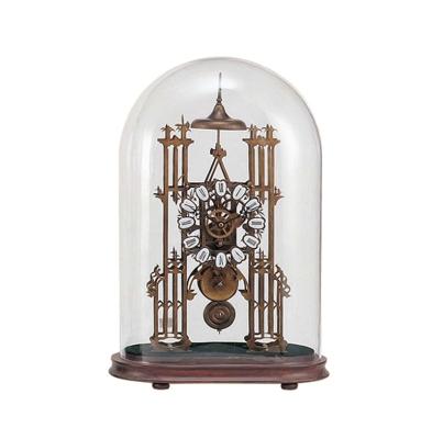 China From 1856 Contemporary Vintage Antique Imitated French Oval Polished Brass Fusee Skeleton Clock With Glass Cover And Wooden Base Alarm for sale