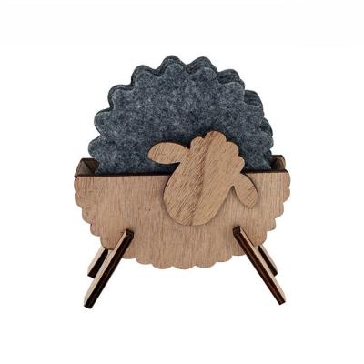 China Modern Creative Lamb Felt Round Absorbent Coffee Wood Bracket Sheep Cup Mat Insulation Mat Felt Coaster for sale