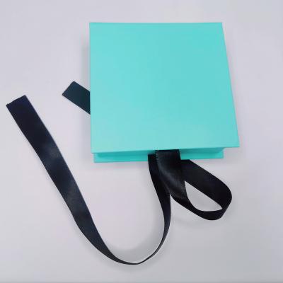 China New Arrival Recyclable Flip Top Jewelry Gift Box Blue Custom Made With Ribbon for sale