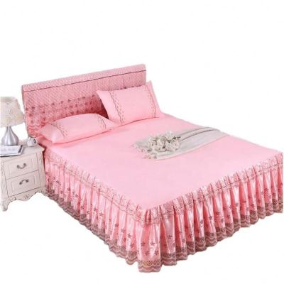 China Custom Price High Quality Cheap Modern Polyester Generic Home Decoration Style100% Beautiful Plain Dyed Double Bed Skirt Sets for sale