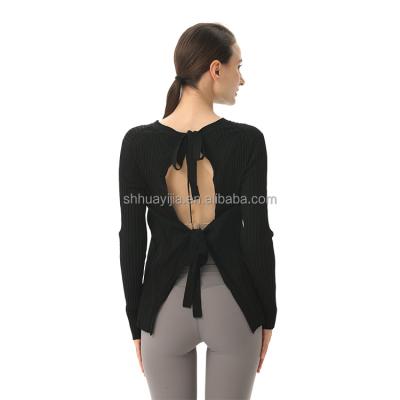 China Anti-Shrink 2023 New Design Black Rounded Neck Long Sleeve Backless Top Sexy Fashion Tops Women for sale