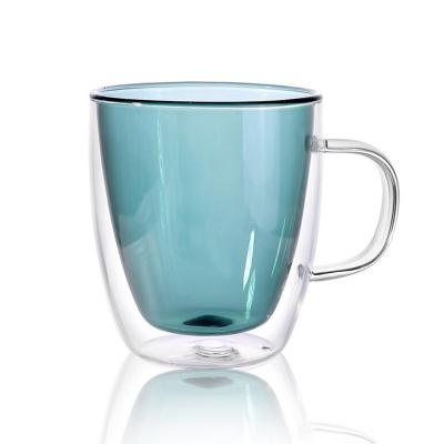 China Hot Sale Lead Free Household Coffee Cup Double Wall Transparent Heat Resistant Colorful Glass Drunk Mugs for sale